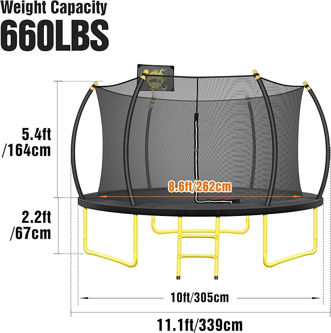 10FT 12FT 14FT 16FT Pumpkin Trampoline for Kids Adults, ASTM Approved Outdoor Recreational Trampoline with Basketball Hoop, Enclosure Net, Yellow