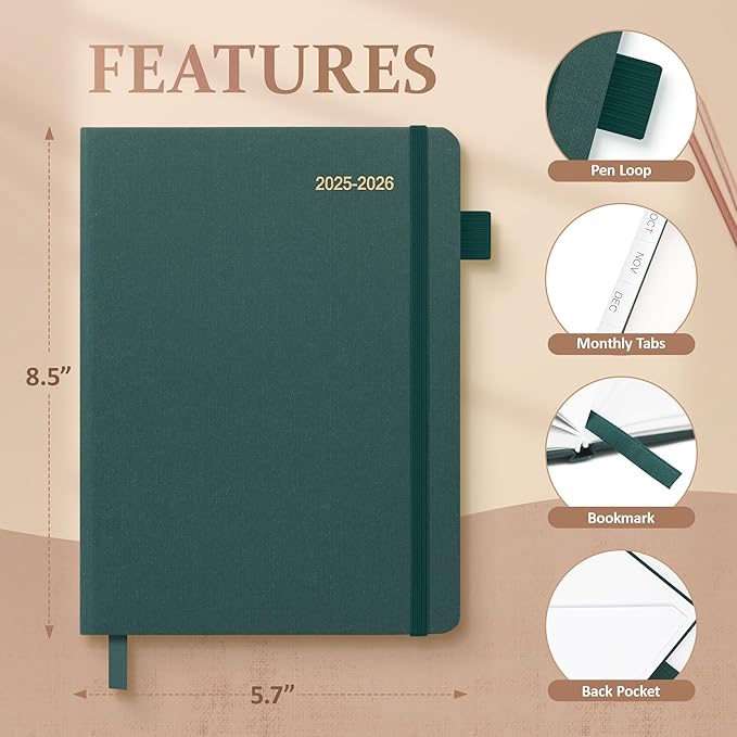 Planner 2025-2026, Academic Linen 2025-2026 Monthly Planner July 2025 to June 2026, Weekly & Daily Organizer with Tabs, Note Pages, Hardcover 5.65" x 8.15"- Ideal for School, Work & Productivity-Green