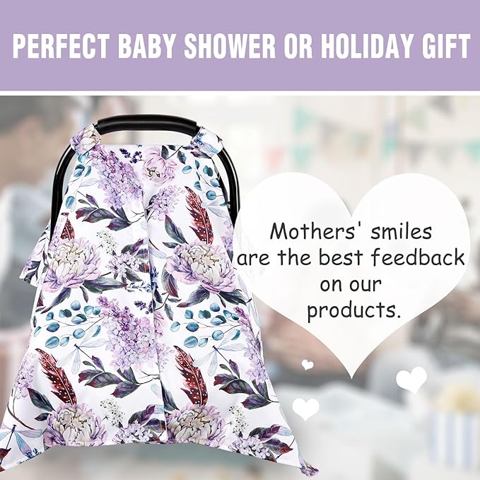Car Seat Cover Baby, Infant Car Seat Canopy Covers for Newborn Girls Boys, Soft Breathable Mink Carseat Covers Stretchy Multi-Use Nursing Cover for Stroller Baby Car Seat, Purple Flroal