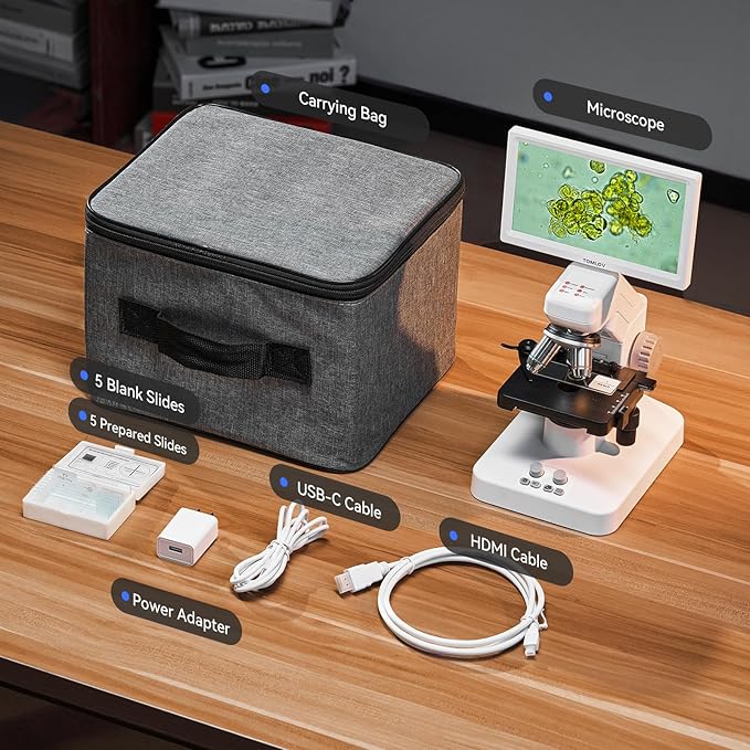 TOMLOV DM301 Max Microscope for Kids Students Adults with X-Y Stage, Digital Microscope Camera with 7" Screen, USB & HDMI Output, Wireless Biological Lab Scope for School Home Education with Slides