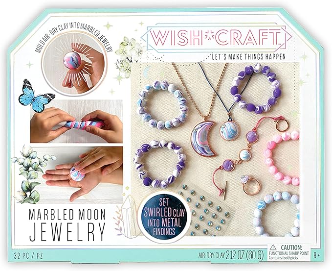 Bright Stripes Wish*Craft Marbled Moon Jewelry Kit – DIY Air-Dry Clay Set for Kids Ages 8+ with Molds, Iridescent Gems, Vibrant Colors, Metal Findings & Storage – Creative Jewelry Gift Set for Girls