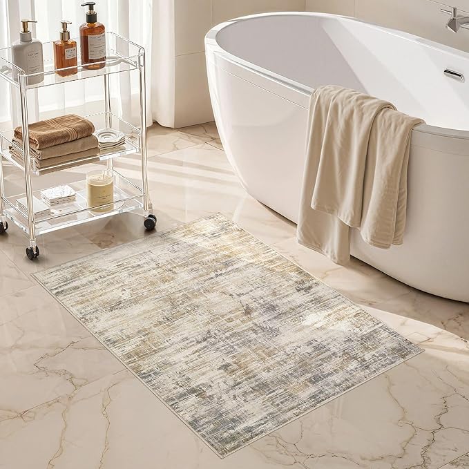 2x3 Entryway Area Rugs: Washable Neutral Abstract Small Rug Door Mat Non-Slip Soft Low Pile Indoor Carpe for Entrance Kitchen Front Door Bathroom Entry Kids Room - Golden Brown