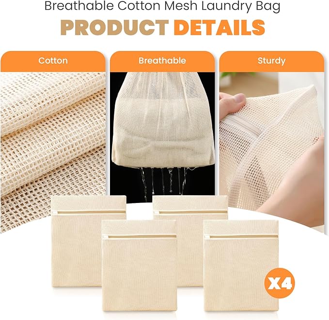 4Pcs Cotton Mesh Laundry Bags for Delicates,Breathable Mesh Garment Bag for Washing Machine, Travel Wash Bags with Zipper for Bras, Underwear, Socks, Clothes, Laundry Dorm Room Essentials(S-XL)