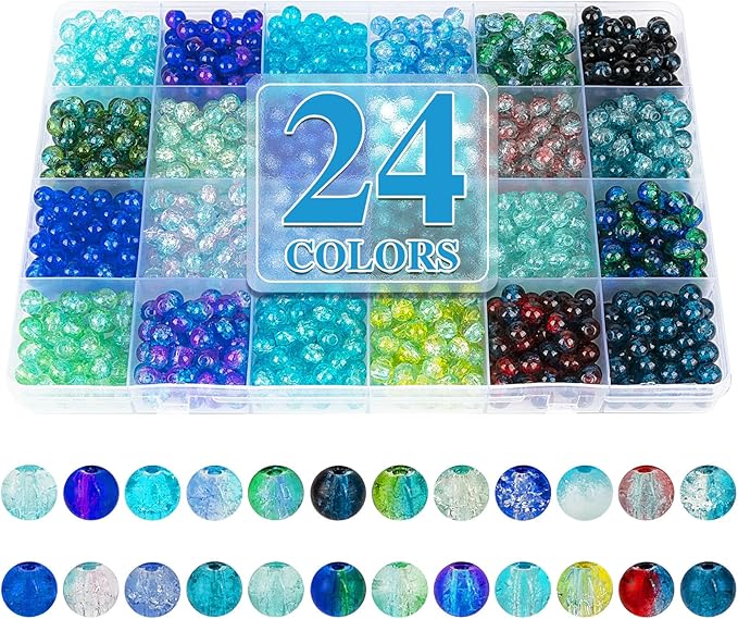 XSEINO About 1200pcs 6mm Crack Glass Beads Bracelet Making Kit,24 Assorted Crackle Oceanic Blue Series Colorful Crystal Beads for Bracelet,Jewelry Making,DIY Crafts,Friendship Bracelets