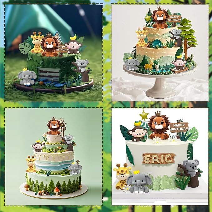 22PCS Safari Animal Cake Toppers & Wild One Birthday Decorations - Jungle Cake Topper with Leaves for Animal Themed Birthday Party Decorations, Safari Cake Decorations for Zoo Theme Cakes Accessories