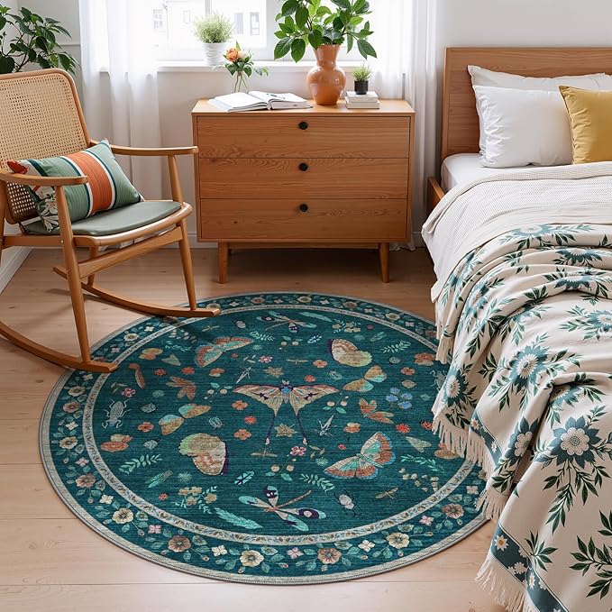 4ft Washable Round Rug - Bug Rugs for Living Room Non-Slip Low Pile Soft Ultra-Thin Machine Washable Circle Carpet for Bedroom, Entryway, Nursery, Kitchen, Home Office (4' Round Teal)