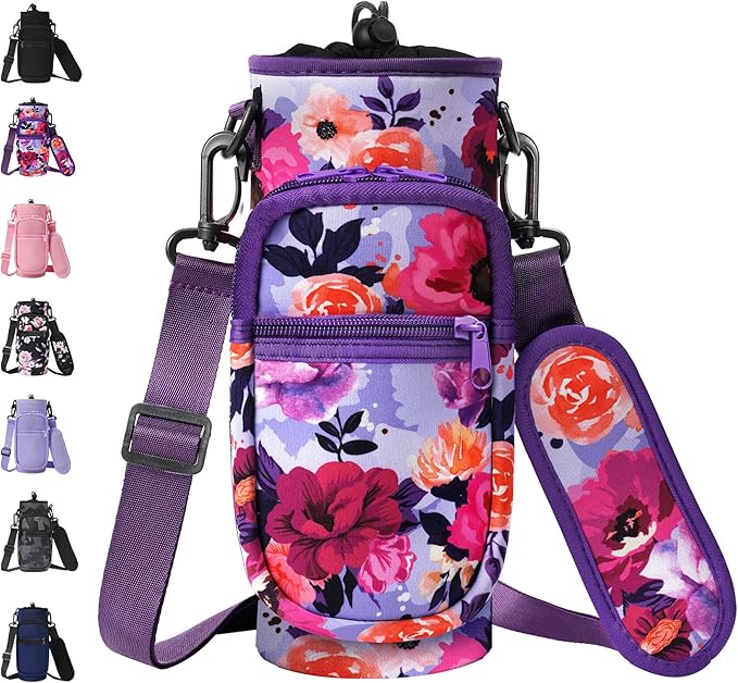 32 40 oz Water Bottle Carrier with Strap, Neoprene Water Bottle Sleeve Bag with 2 Pockets Insulated Flask Sling Holder for Walking Hiking Gym