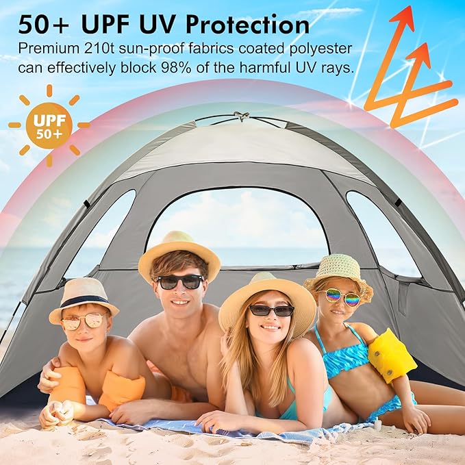 WhiteFang Beach Tent Anti-UV Portable Sun Shade Shelter for 3/4/6/8 Person, Extendable Floor with 3 Ventilating Mesh Windows Plus Carrying Bag, Stakes and Guy Lines