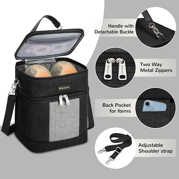 Mancro Breast Milk Cooler Travel Bag with Ice Pack, Double Layer Baby Bottles Bag for Daycare Fits 6 Baby Bottle up to 9 Ounces, Breast Pump Bag for Nursing Moms with Shoulder Strap, Black