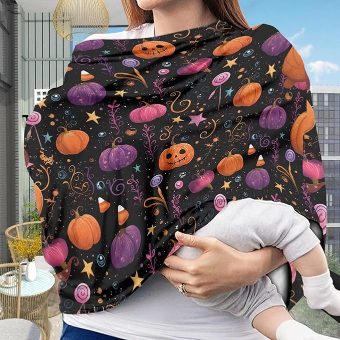 Binienty Infant Carseat Canopy, Cute Halloween Pumpkin Nursing Cover Soft Breathable Baby Car Seat Covers, Gifts for Mom Lover Wife