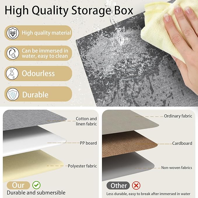 Yawinhe Storage Boxes with Lids, Linen Fabric Bin, Cube Organizer Basket, Washable and Leather Handle, for Home, Closet, White/Grey, 15.0''Lx9.8''Wx9.8''H, 5-Pack, USNK024WGL-5