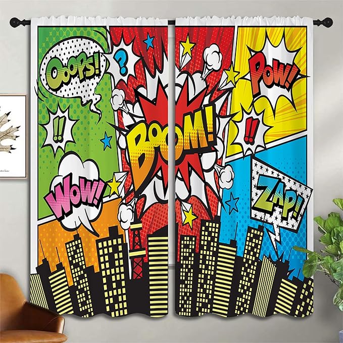 Superhero City Wars Explosion Rod Pocket Blackout Curtains for Boy Girl Bedroom, Colorful Comics Ar Thermal Insulated Home Window Drapes for Living Room Darkening, 55x63 inch