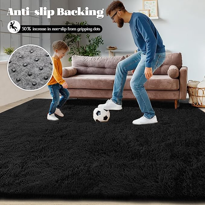 2x6 Runner Rug for Bedroom: Fluffy Shag Soft Washable Rugs Small Fuzzy Plush Indoor Carpet for Hallway Bedside Dorm Kids Girls Boys Room (Black, 2'x6')