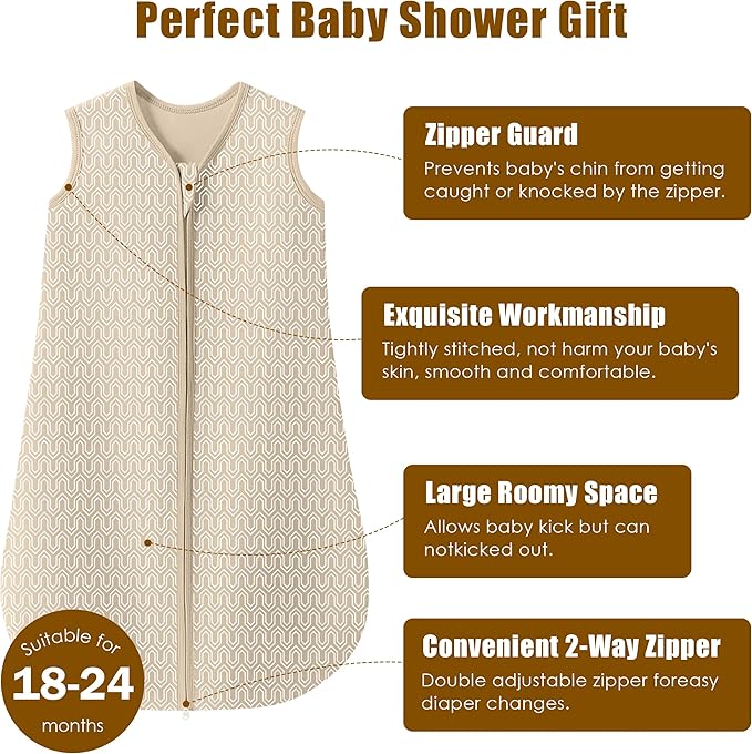 SWEET DOLPHIN Baby Sleep Sack 18-24 Months - 100% Cotton 2-Way Zipper TOG 0.5 Infant Wearable Blanket, Newborn Essentials Toddler 3 Pack Sleeping Sacks - Brown