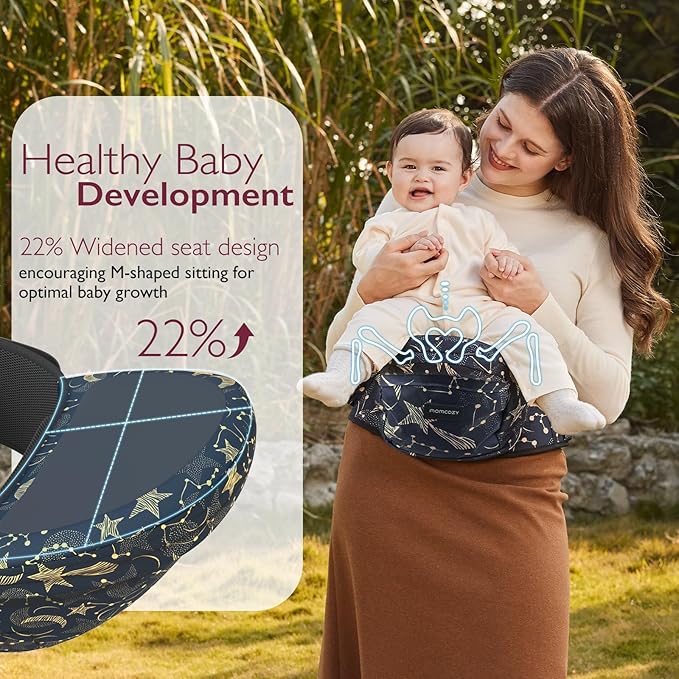 Momcozy Hip Seat Baby Carrier - Adjustable Waistband with Original 3D Belly Protector, Ergonomic Carrier with Various Pockets for Newborns & Toddlers up to 45lbs (Starry Sky, Large)