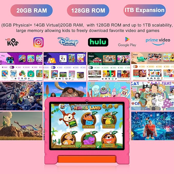 2025 Kids Tablet 10 inch Android 14 Tablets for Kid Octa-Core, 20GB+128GB (TF 1TB), Toddler Tablet with Shockproof Case, 2.4G+5G WiFi 6, Parental Control, Face Unlocked, Split Screen, BT5.0 (Rose Red)