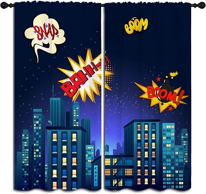 Superhero Rod Pocket Blackout Curtains for Boy Girl Bedroom, Cartoon Skyline Buildings Cityscape Thermal Insulated Home Window Drapes for Living Room Darkening, 42x45 inch