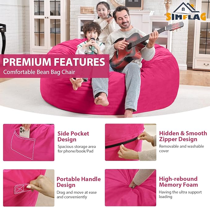 4FT Bean Bag Chair, Large Bean Bag Chairs with Memory Foam Filled, Fluffy Beanbag Sofa with Dutch Velvet Cover, Round BeanBag Chairs for Living Room, Playroom - Pink