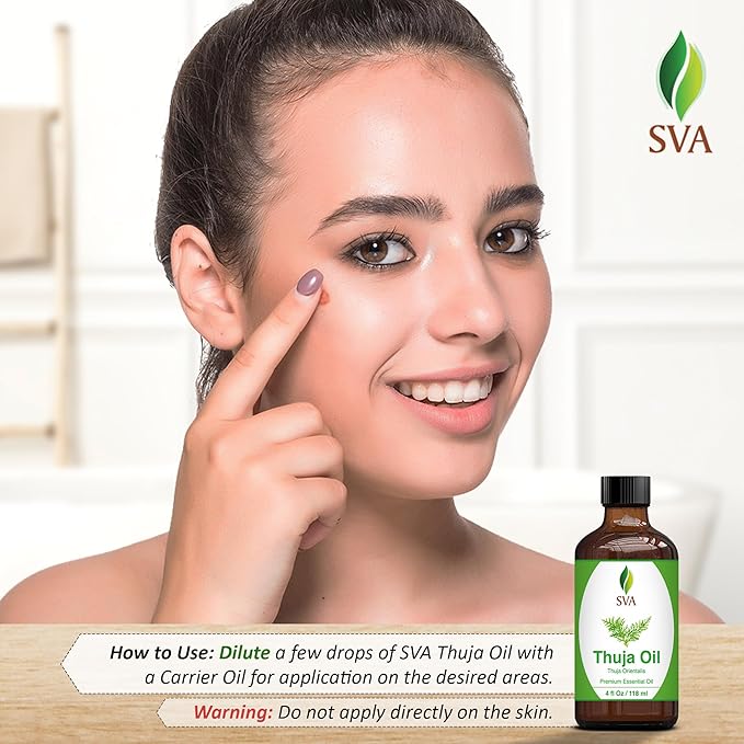 SVA Thuja Essential Oil – 4 Fl Oz – 100% Natural Thuja Oil - for Diffuser, Hair Care, Face, Skin Care, Aromatherapy, Scalp and Body Massage, Soap and Candle Making – with Dropper