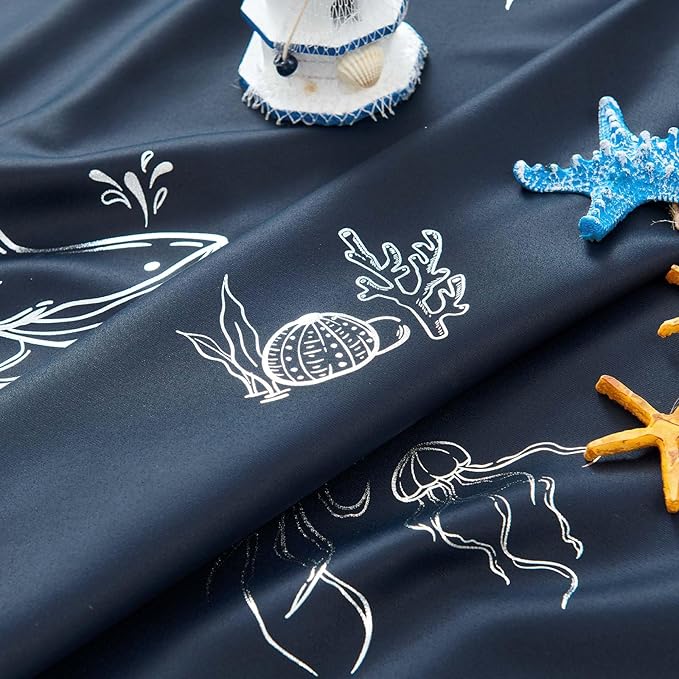 Vangao Kids Curtains for Boys Bedroom Kids Blackout Curtains 63 Inch Length Ocean Aquarium Nursery Drapes for Girls Bedroom Silver Sea Animals Print Thermal Insulated Drapes, Navy Blue 2 Panels
