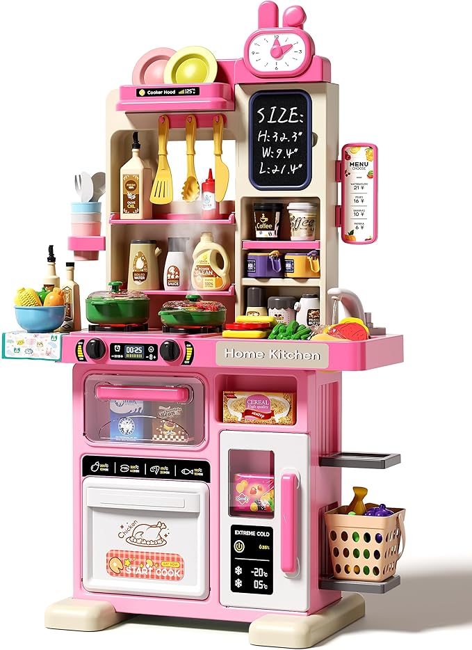 33.8IN Kids Kitchen Playset, 63 PCS Kid Play Kitchen with Realistic Lights & Sounds, Spray Sink Toy Kitchen Accessories, Pretend Food Toys Kitchen for Boys Girls Toddlers(Pink)