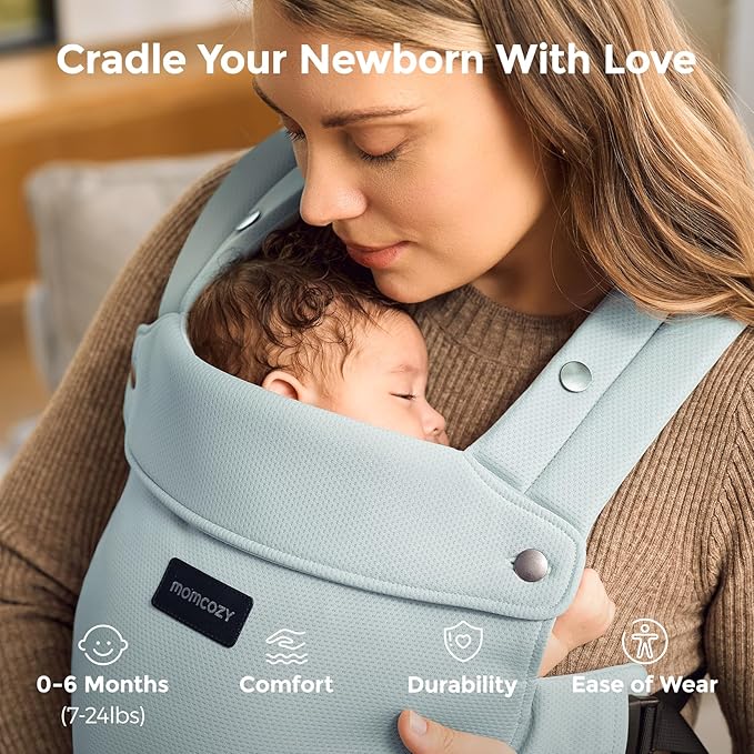Momcozy Newborn Baby Carrier - Ergonomic, Cozy and Lightweight Carrier for 7-24lbs, Adjustable Neck Support with Sunshield, Breathable Airmesh Perfect for Summer Outing, Silver Grey