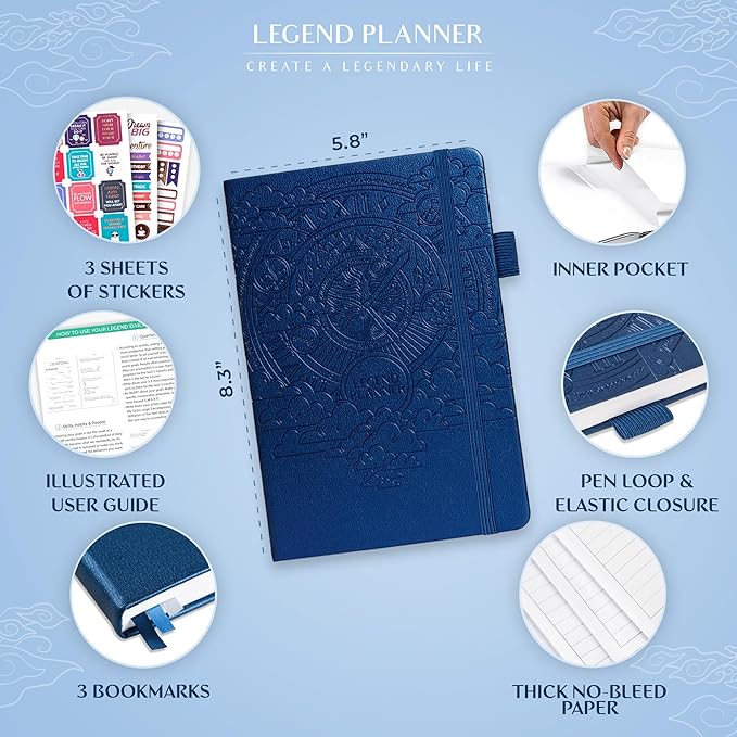 Legend Planner Daily for 3 Months – Undated Monthly Weekly & Daily Planner to Hit Goals. Organizer & Productivity Journal, A5 (Mystic Blue)