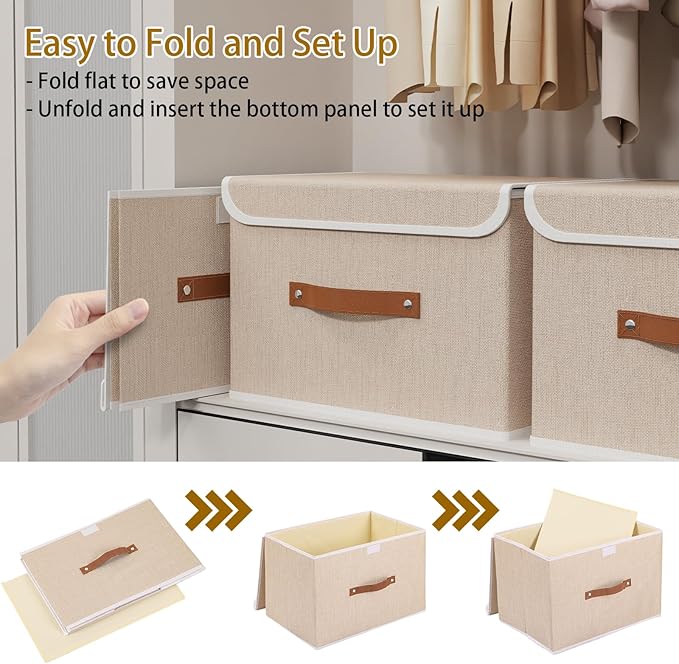 Yawinhe Collapsible Storage Boxes, Linen Fabric Baskets, Bin with lid and Leather Handle, Washable, for Home, Closet, Beige, 15.0''Lx9.8''Wx9.8''H, 3-Pack, USNK024BEL-3