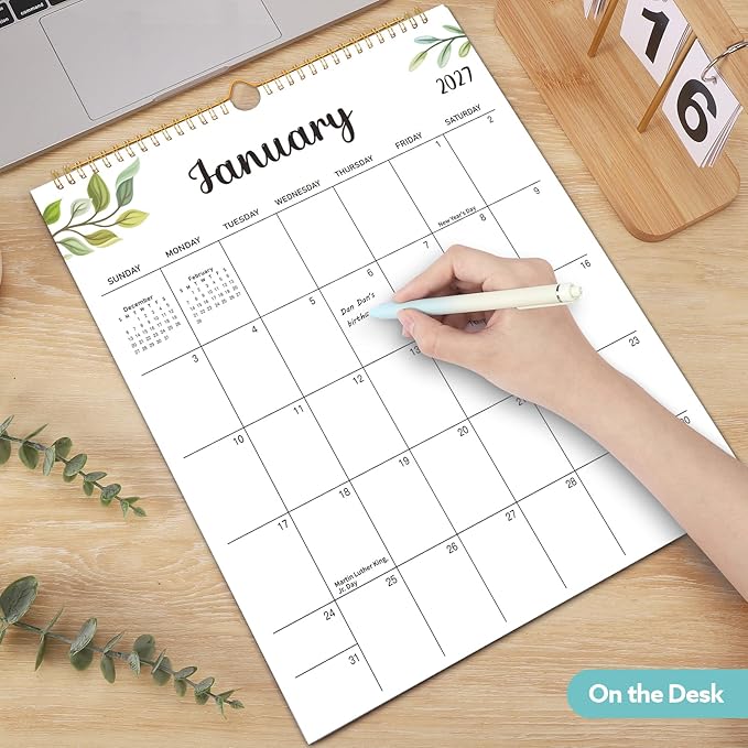 Wall Calendar 2026-2027, 18 Month Calendar from January 2026 to June 2027 14.5" x 11.8" Large Desk Calendar with Twin-Wire Binding for Home Office Planning Personal Organisers, Green Leaf
