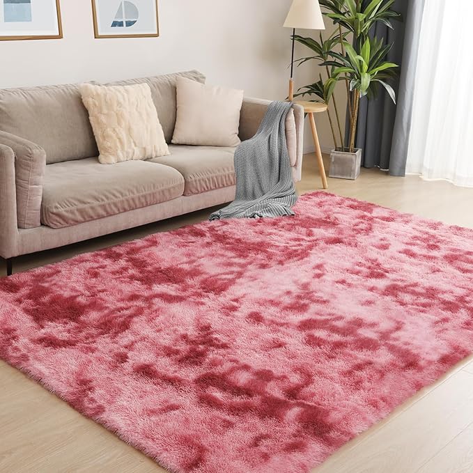 4x5.8 Area Rug, Fluffy Rugs for Living Room, Plush Carpet Rugs for Bedroom, Non-Slip Indoor Rug for Nursery, Study Room, Playroom, Home Decor, Tie-Dyed Dark Pink