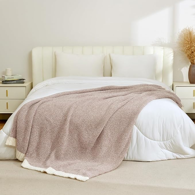 Snuggle Sac Taupe Blankets Twin Size, Reversible Super Soft Bed Blanket Warm Cozy Knit Fuzzy Plush Lightweight Blankets for Bed, Sofa, Living Room, Hotel, Heather Taupe, 60x80 inches