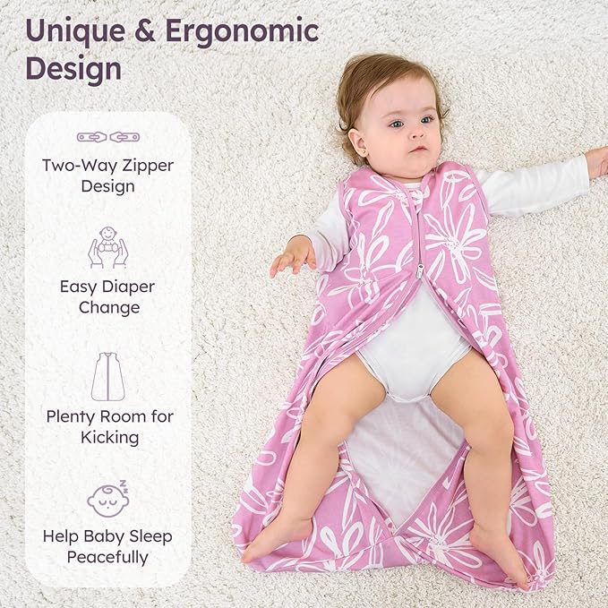 Baby Sleep Sack 0-6 Months 3 Pack 100% Cotton Lightweight 0.5 TOG Wearable Blanket Baby Sleep Bag with 2-Way Zipper for Newborn Infant Purple Leaf