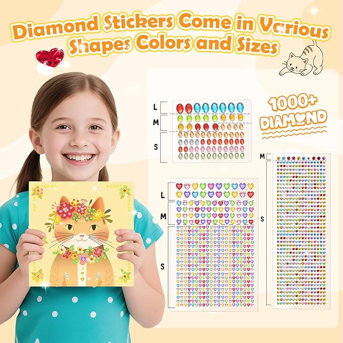 Gem Art Sticker Kit, Arts and Crafts for Kids Age 4-12, 8 Unicorn Princess Themes Diamond Art Kit, Gemstone Sticker Crafts Christmas Birthday Gifts for Girls Ages 4,5,6,7,8 Year Old (Yellow-Cat)