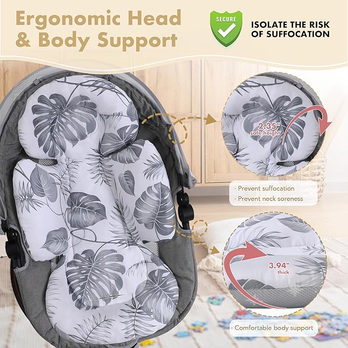 Infant Car Seat Insert, 2-in-1 Head & Body Carseat Support for Baby Newborn Toddler with Strap Covers, Reversible Ultra-Soft Cushion for Baby Carseat, Stroller, Swing & Bouncer