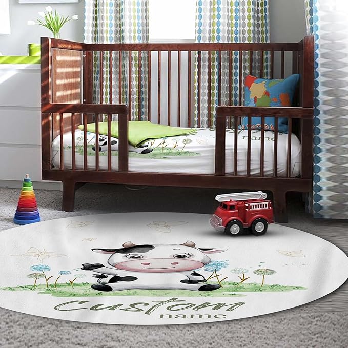 Personalized Baby Crib Bedding Set, 5-Piece Cows Design Baby Crib Sets with Custom Name, Toddler Double Layer Blanket Fitted Sheets Changing Pad Cover Rug Wall Art Set, Charming Nursery Decor