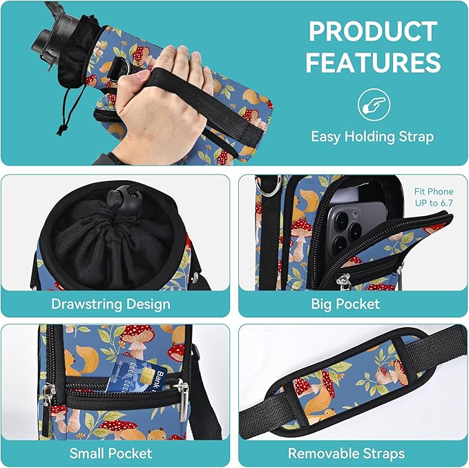 25/32/40/64oz Water Bottle Bag Holder Carrier-Insulated Crossbody Sling Case Sleeve with Strap & Pockets for Men Women Gym Cycling Travel Walking Hiking Camping