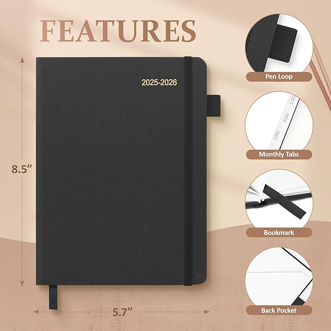 Planner 2025-2026, Academic Linen 2025-2026 Monthly Planner July 2025 to June 2026, Weekly & Daily Organizer with Tabs, Note Pages, Hardcover 5.65" x 8.15"- Ideal for School, Work & Productivity-Black