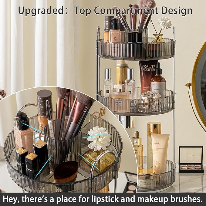 Rotating Makeup Organizer for Vanity, High-Capacity Skincare Clear Make Up Storage Perfume Organizers Cosmetic Dresser Organizer Countertop 360 Spinning (Gray, New-3 Tier)