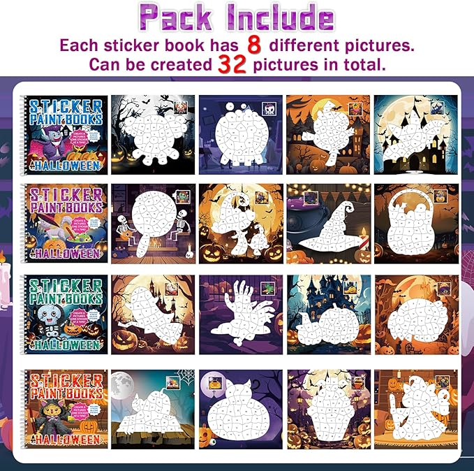 4Pcs Halloween Paint by Sticker Books for Kids Ages 4-8 Halloween Pumpkin Ghost Witch Sticker by Number Books Activity Book for Kids Puzzle Book Craft Art Gift Holiday Party Favors Create 32 Pictures