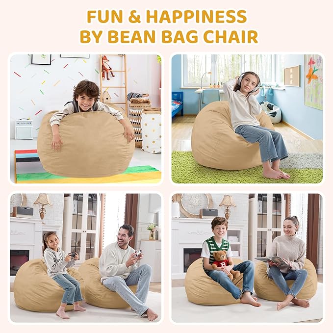 2FT Bean Bag Chair, Comfy Bean Bag Chairs with Memory Foam Filled, Fluffy Beanbag Sofa with Dutch Velvet Cover, Teardrop BeanBag Chairs for Living Room, Playroom - Khaki