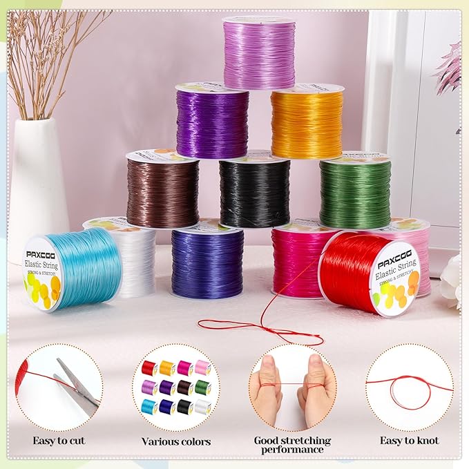 PAXCOO 12 Rolls Elastic String for Bracelets, Stretch Magic Elastic String Bead Cord Jewelry Thread for Bracelet, Necklaces, Clay Beads, Pony Beads (Assorted Colors)