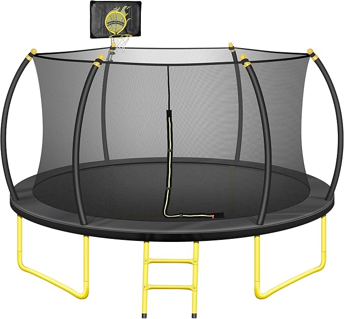 10FT 12FT 14FT 16FT Pumpkin Trampoline for Kids Adults, ASTM Approved Outdoor Recreational Trampoline with Basketball Hoop, Enclosure Net, Yellow