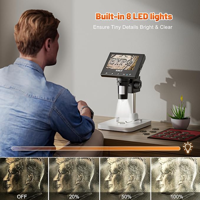 Elikliv Microscope, LCD Digital Coin Microscope 1000x, Coin Magnifier with 8 Adjustable LED Lights, PC View Compatible with Windows/MacBook, EDM4, 4.3-Inch