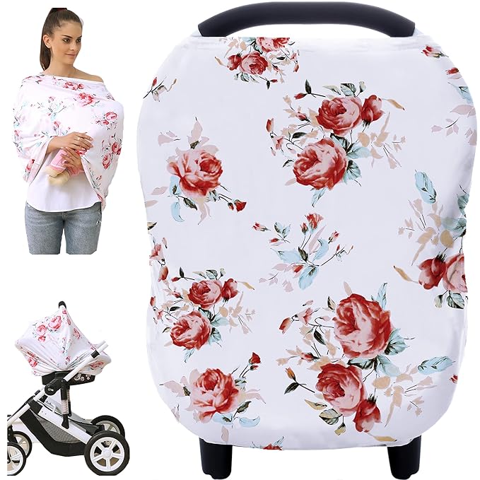Baby Car Seat Covers - Stroller Canopy Breastfeeding Covers, Multi-use Carseat Canopy, for Boys and Girls Shower Gift (Print Flower)