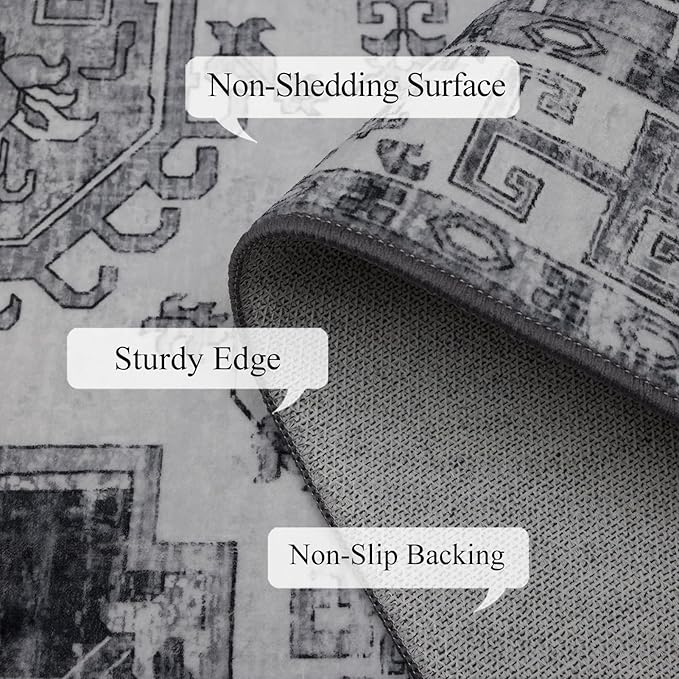 4x6 Washable Area Rug for Living Room, Carpet for Bedroom, Soft Faux Wool Retro Dining Room Rug, Non Slip&Non-Shedding Resistant Low Pile Vintage Print Rug for Home Office (Medium Gray)