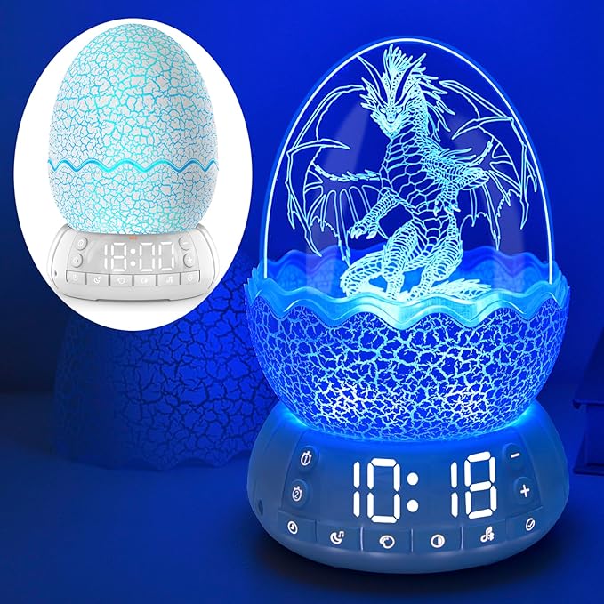 Dragon Egg Alarm Clock with Sunrise Simulation, Wireless Bluetooth Speaker, Portable Touch Control Dragon Egg Night Light, 20 Soothing Sounds, Unique Gift for Kids Adults, Home Desk Decor