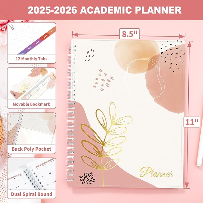 SUNEE Academic Planner 2025-2026 Weekly and Monthly, July 2025-June 2026, 8.5"x11", Tabs, Note Pages, Pockets, Bookmark, Flexible Cover, Spiral Binding, Blushing Abstract Breeze