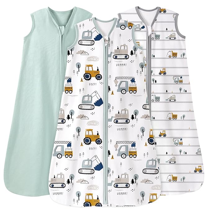 Baby Sleep Sack 18-24 Months 0.5 Tog Wearable Blanket Baby, 3 Pack 100% Cotton Lightweight Sleeping Sack with 2-Way Zipper for Infant Toddler Excavator