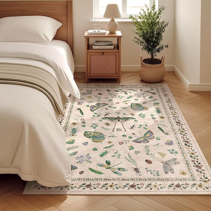 3x5 Washabl Rug with Insect Print - Bug Rug Non-Shedding Stain Resistant Soft Small Carpet for Bedroom, Low Pile Ultra-Thin Machine Washable Carpet for Nursery,Entrance, Office (3'x5' Beige)
