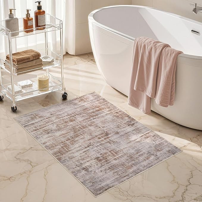 2x3 Entryway Area Rugs: Washable Neutral Abstract Small Rug Door Mat Non-Slip Soft Low Pile Indoor Carpe for Entrance Kitchen Front Door Bathroom Entry Kids Room - Red Brown